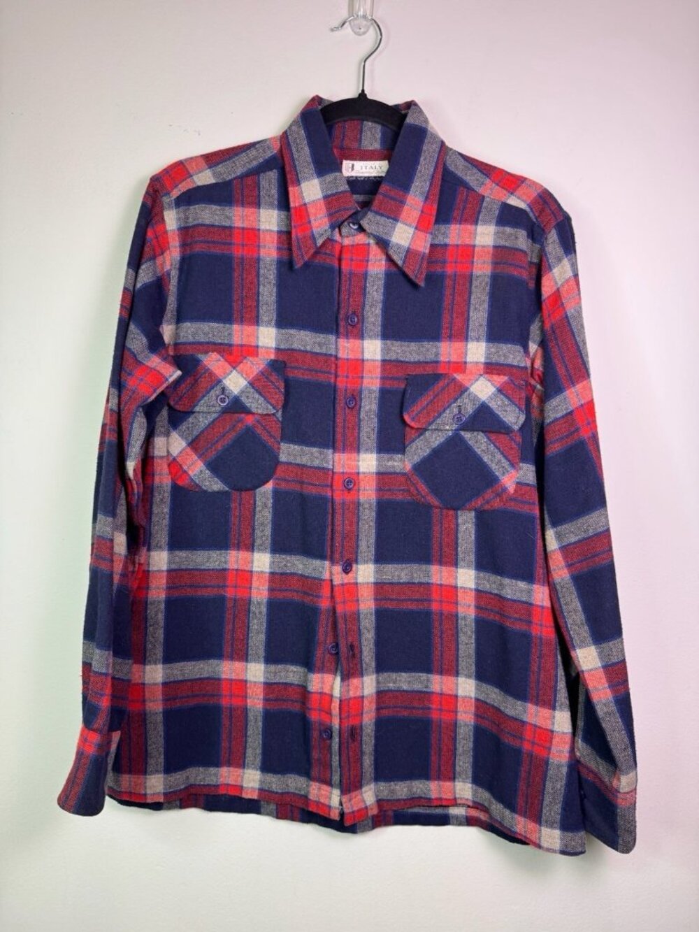 VTG Styled In Italy Plaid Flannel Shirt Men Blue Red Button Up Workwear M
